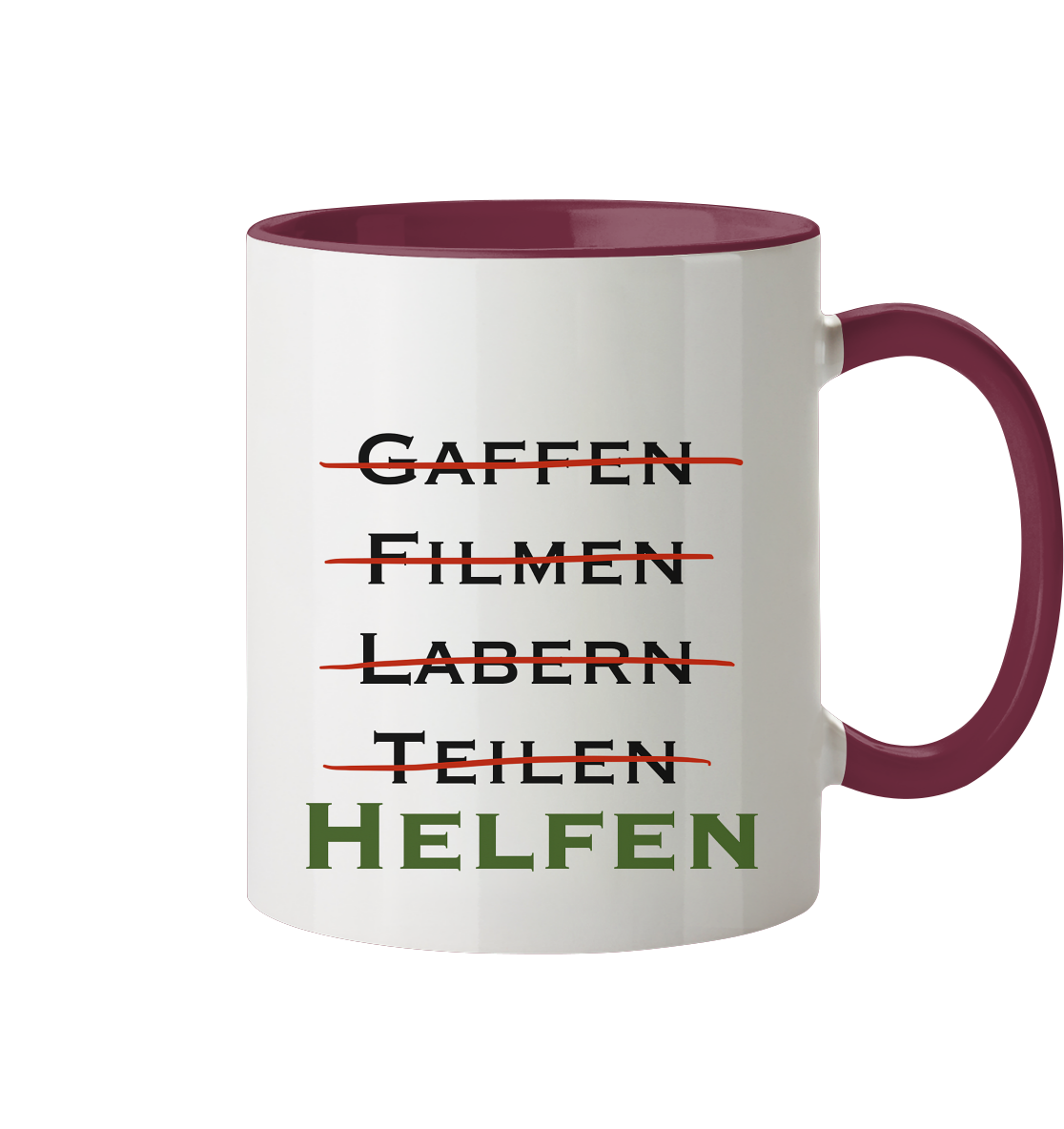 Gaffen, Filmen, Labern, Teilen => HELFEN - Tasse zweifarbig